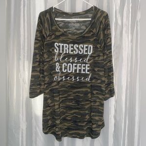 Blessed & Stressed Camo 3/4 length sleeve tunic